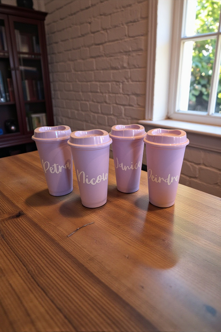 Vijf blauwe reisbekers met deksels en witte opdruk op een houten plank.