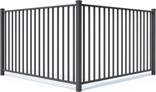 A black metal fence section forming a corner, with vertical pickets between posts, isolated against a white background.