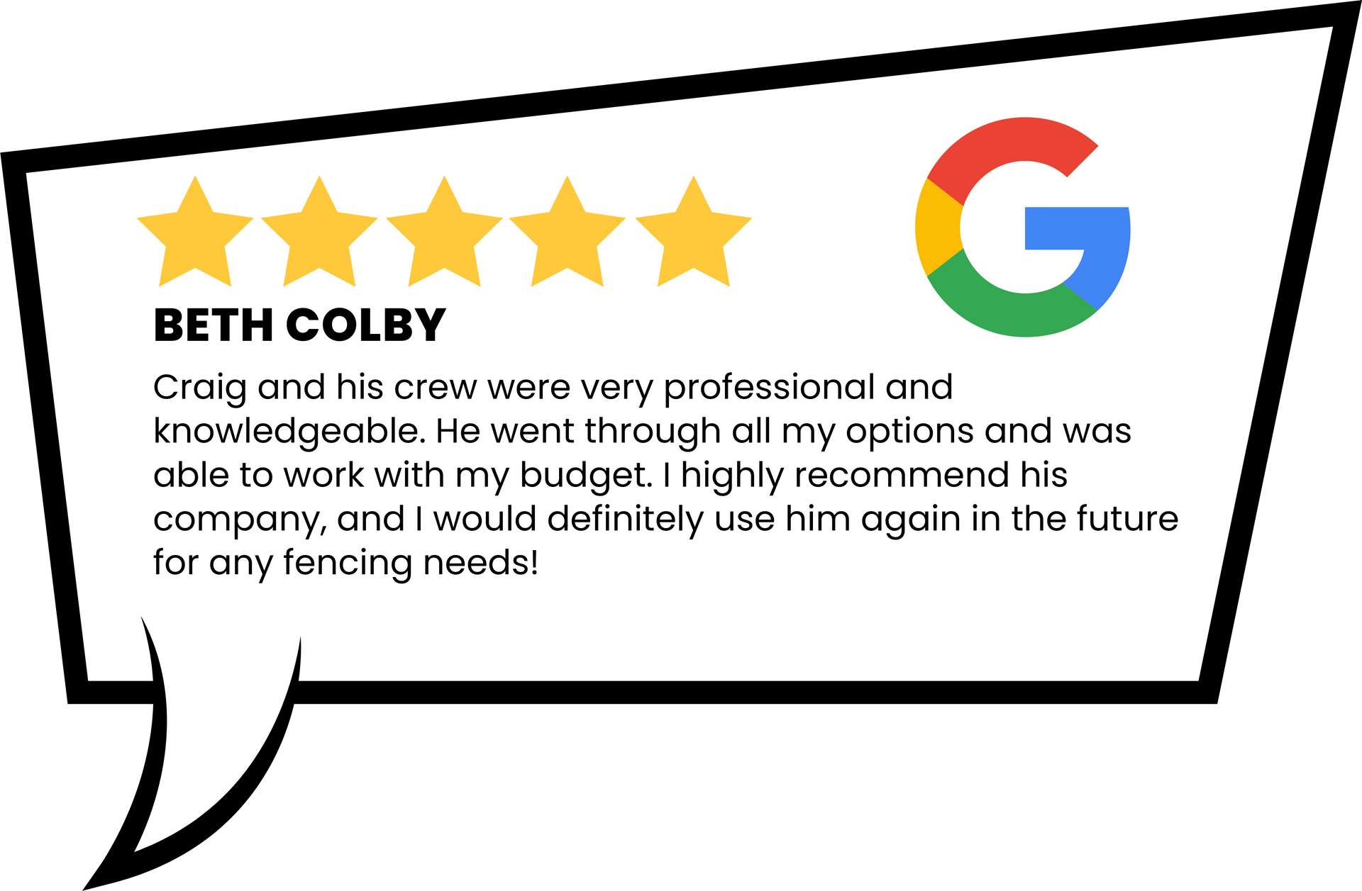 A speech bubble with a google logo and a review from beth colby.