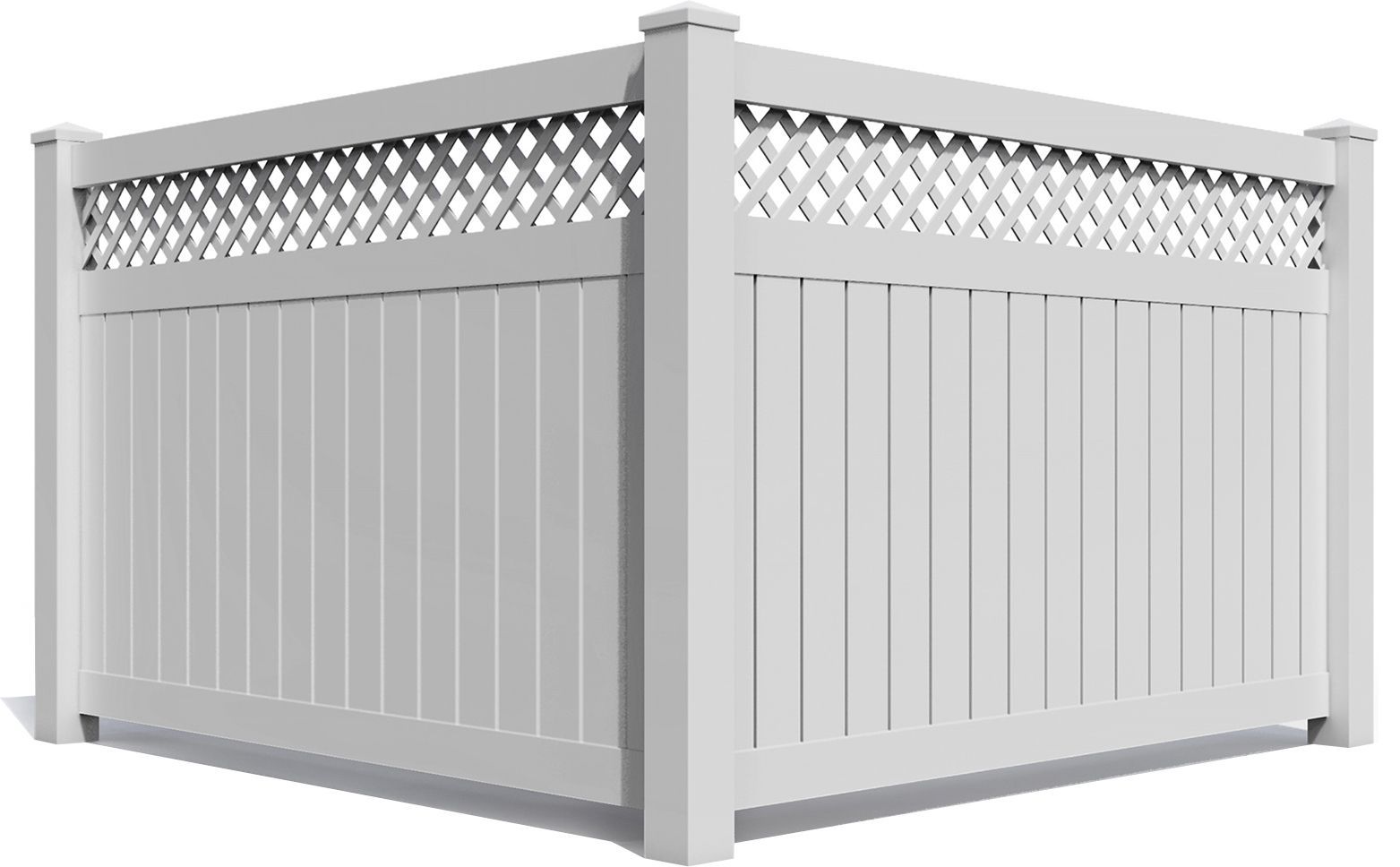 A white fence with a lattice design on the top of it.