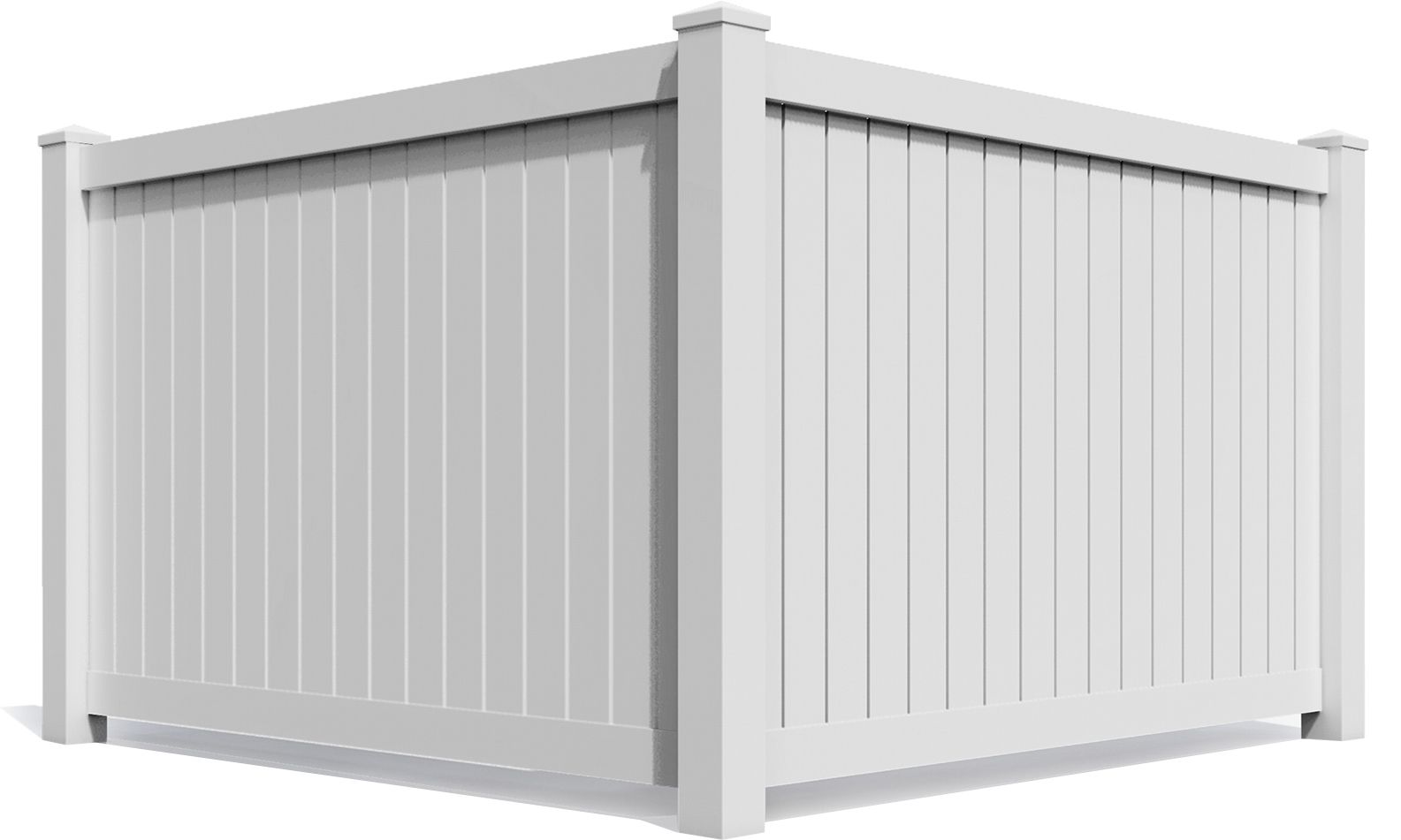 A white vinyl fence with a square post on a white background.