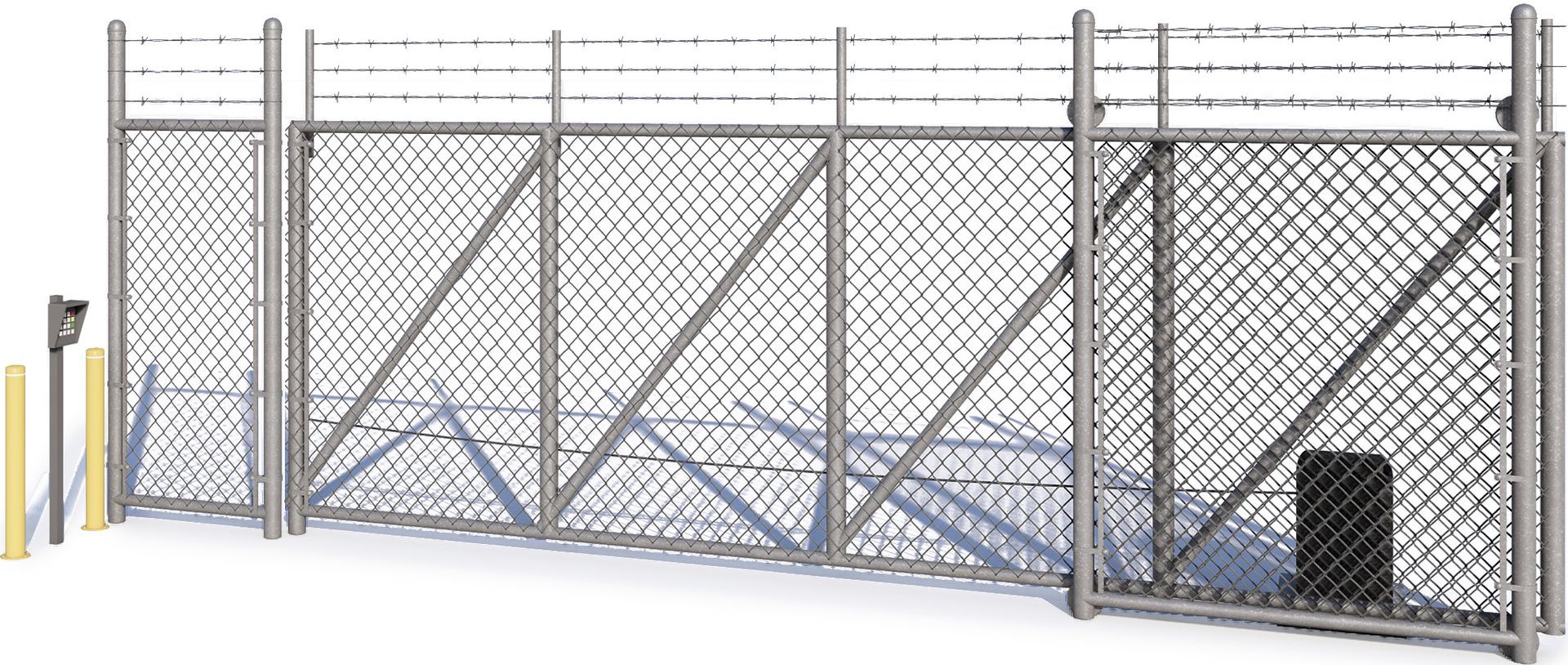 A chain-link security fence with barbed wire topping and a tall sliding metal gate against a white background.