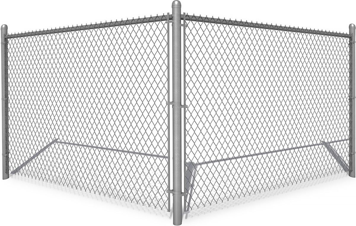A section of silver chain-link fencing forming a 90-degree corner with support poles and angled tension braces.
