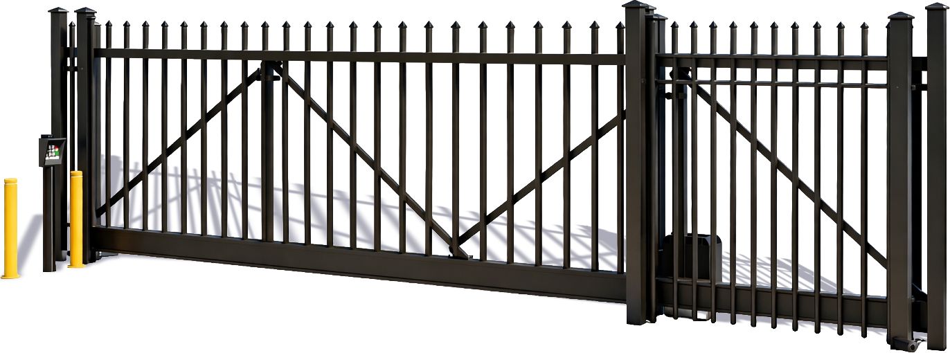 A black metal sliding security gate with diagonal bracing, featuring two yellow bollards on the left against a white background.