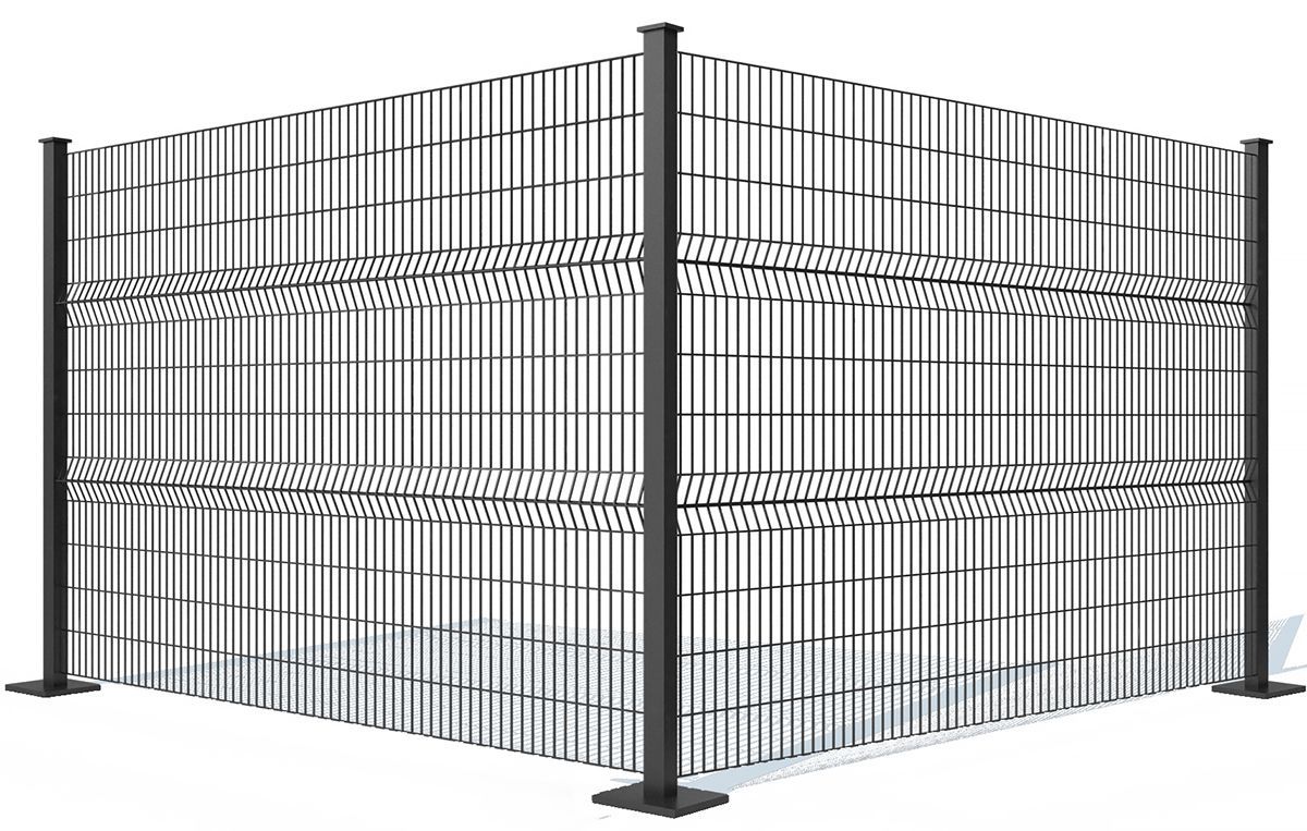 A corner section of a security fence made of gray metal wire mesh panels attached to black vertical posts.