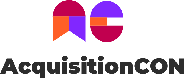 A logo for acquisition con with a red , purple and orange speech bubble.