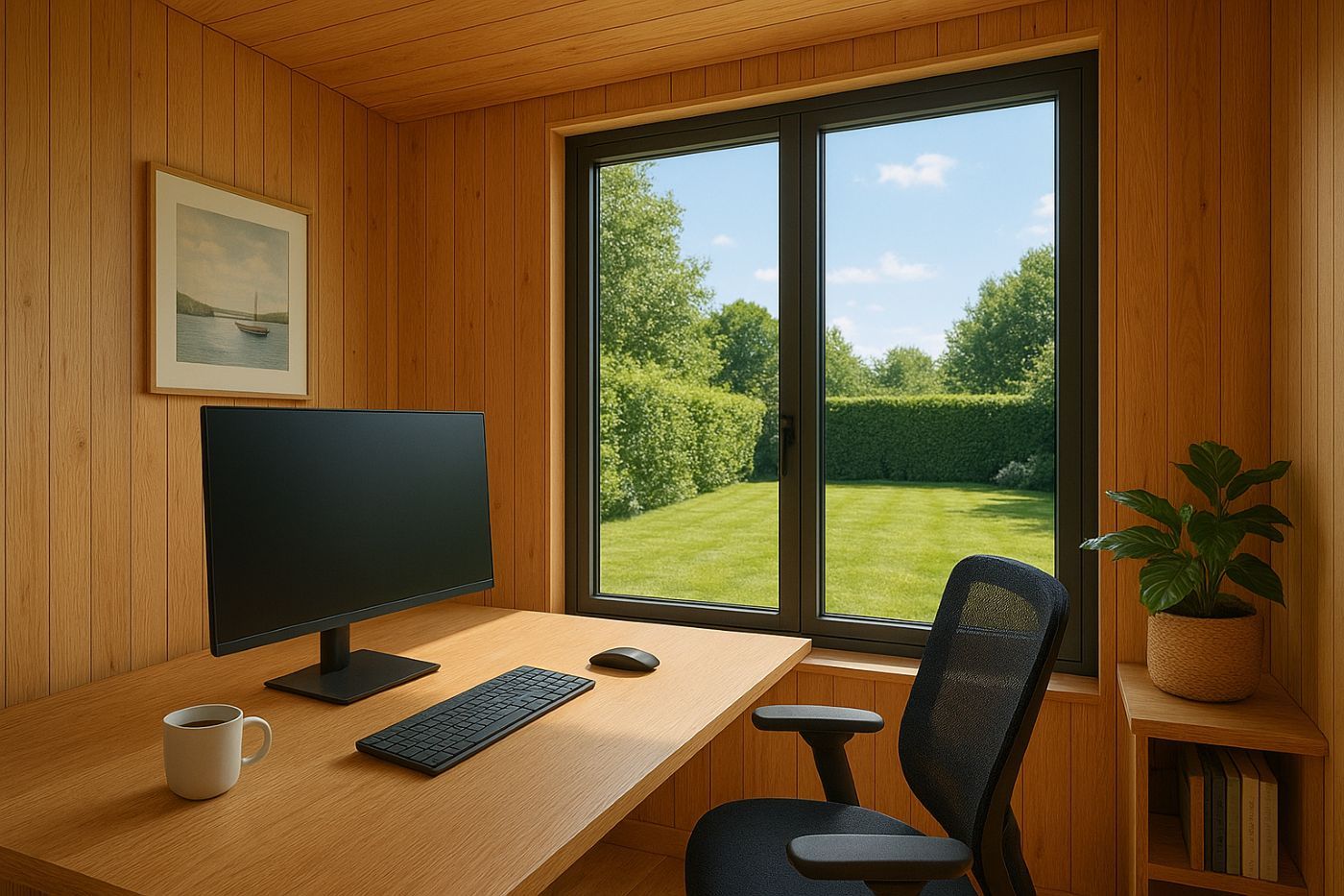 Interior view of garden office overlooking garden