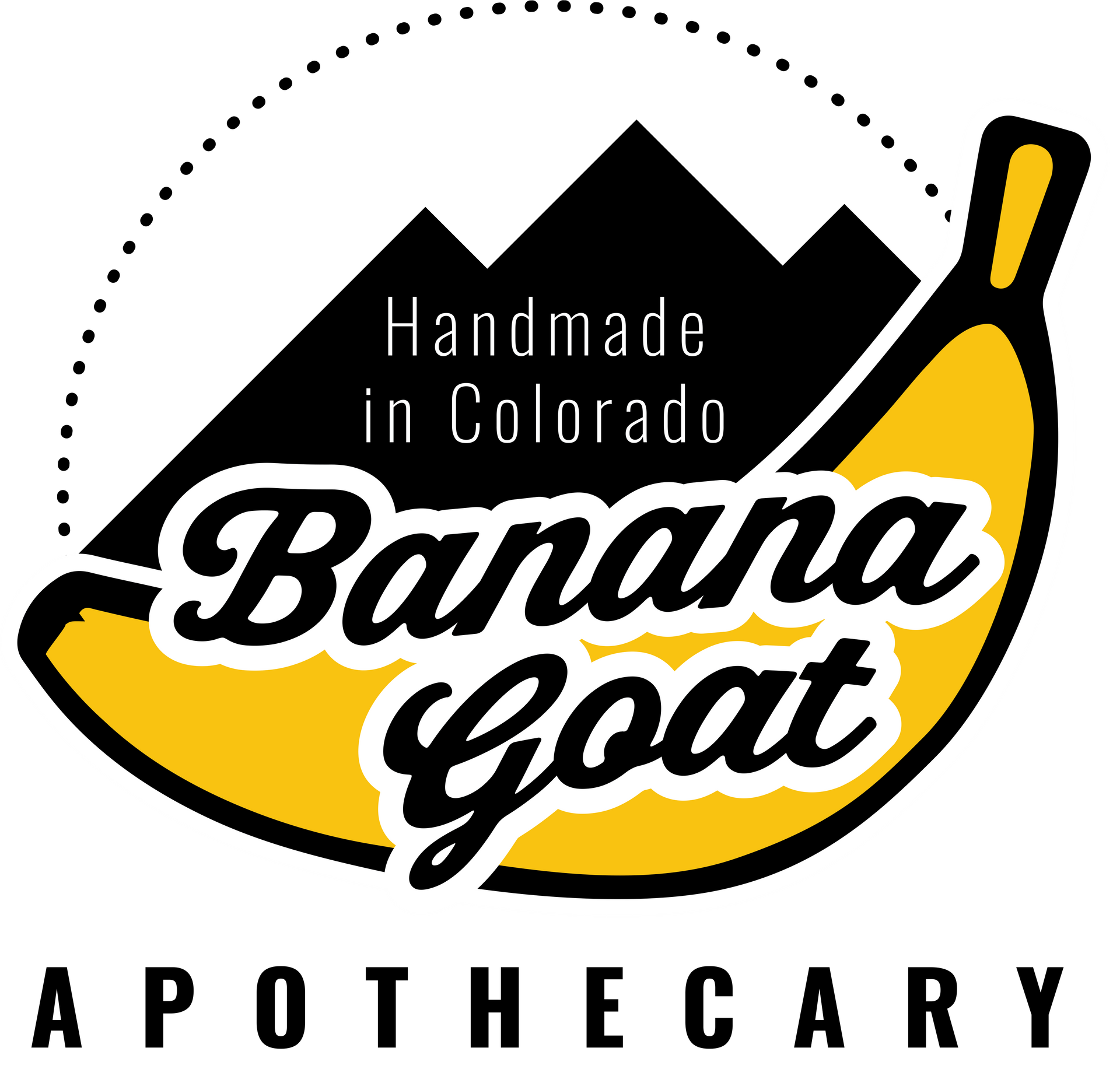 The logo for banana goat apothecary is a banana with mountains in the background.