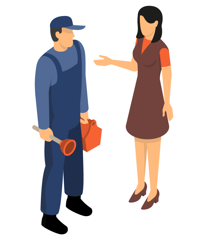 Fontanero con mono azul, un desatascador y una caja de herramientas, hablando con una mujer con un vestido marrón.