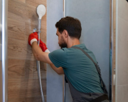 Obreros de la construcción en andamios, en el exterior del edificio. Llevan casco y las paredes son de color claro.