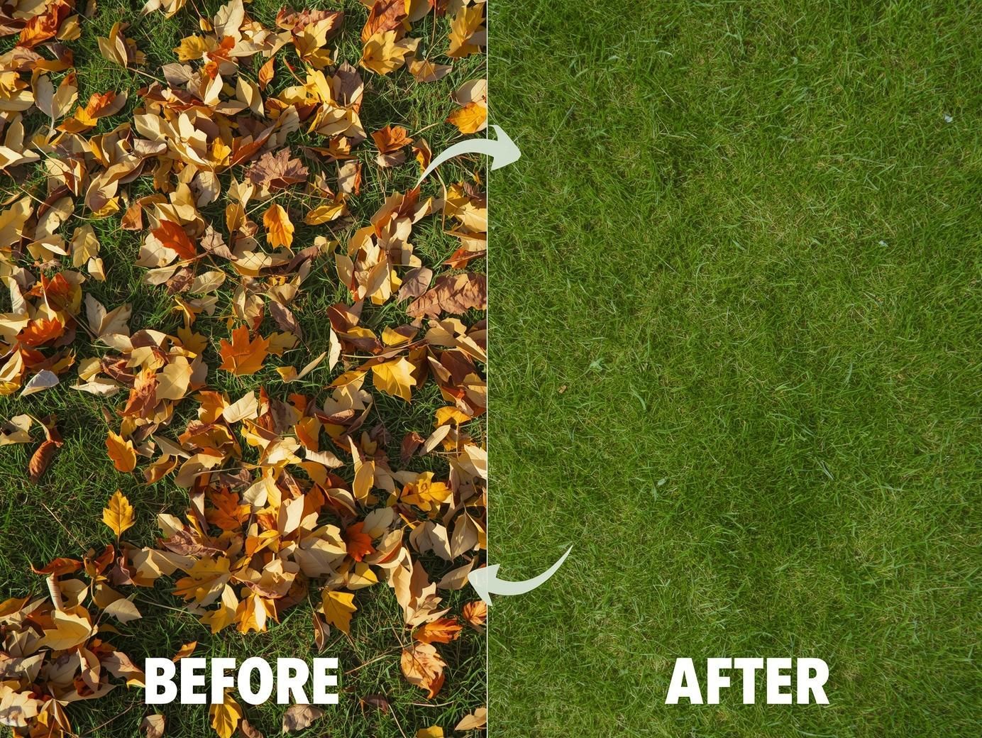 Before and after photo of a lawn. Before, leaves cover grass. After, clean green grass.