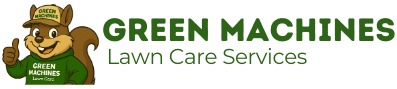 Logo of Green Machines Lawn Care Services: a squirrel thumbs-up. Text is green.