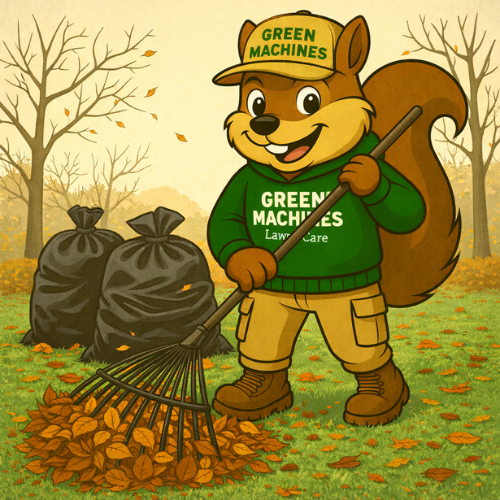 Squirrel in Green Machines Lawn Care uniform rakes leaves, autumn setting.
