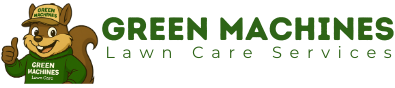 Logo of Green Machines Lawn Care Services: a squirrel thumbs-up. Text is green.