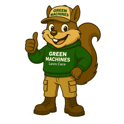 Friendly squirrel mascot giving a thumbs up, wearing Green Machines Lawn Care uniform.