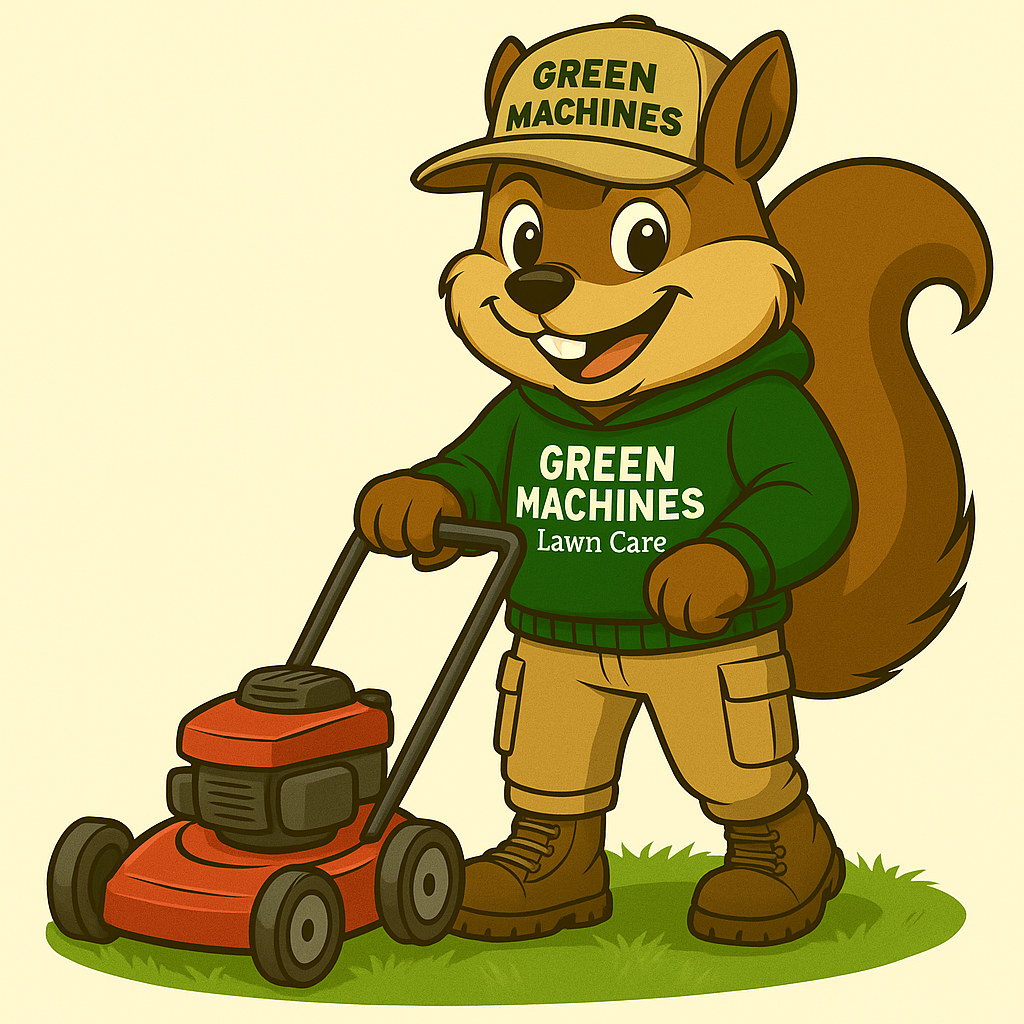 Squirrel mascot wearing green hoodie and hat mowing a lawn.