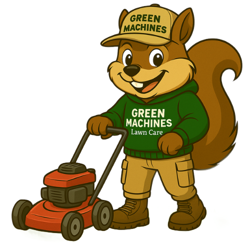 Squirrel mascot wearing a hat and sweatshirt, mowing a lawn.