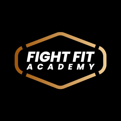 The fight fit academy logo is a black and gold logo on a black background.