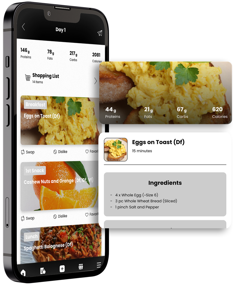 A cell phone with a cooking app on it. Fit Fight Academy - Personalised Workout and Nutrition Plans