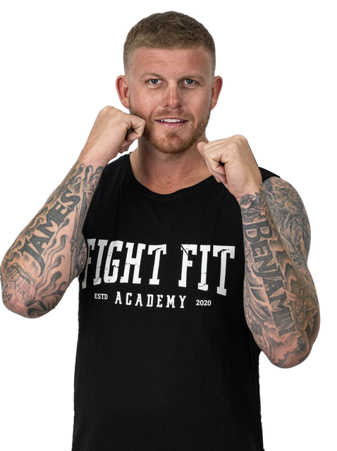 A man with tattoos is wearing a black tank top that says fight fit academy. Fit Fight Academy - Personalised Workout and Nutrition Plans