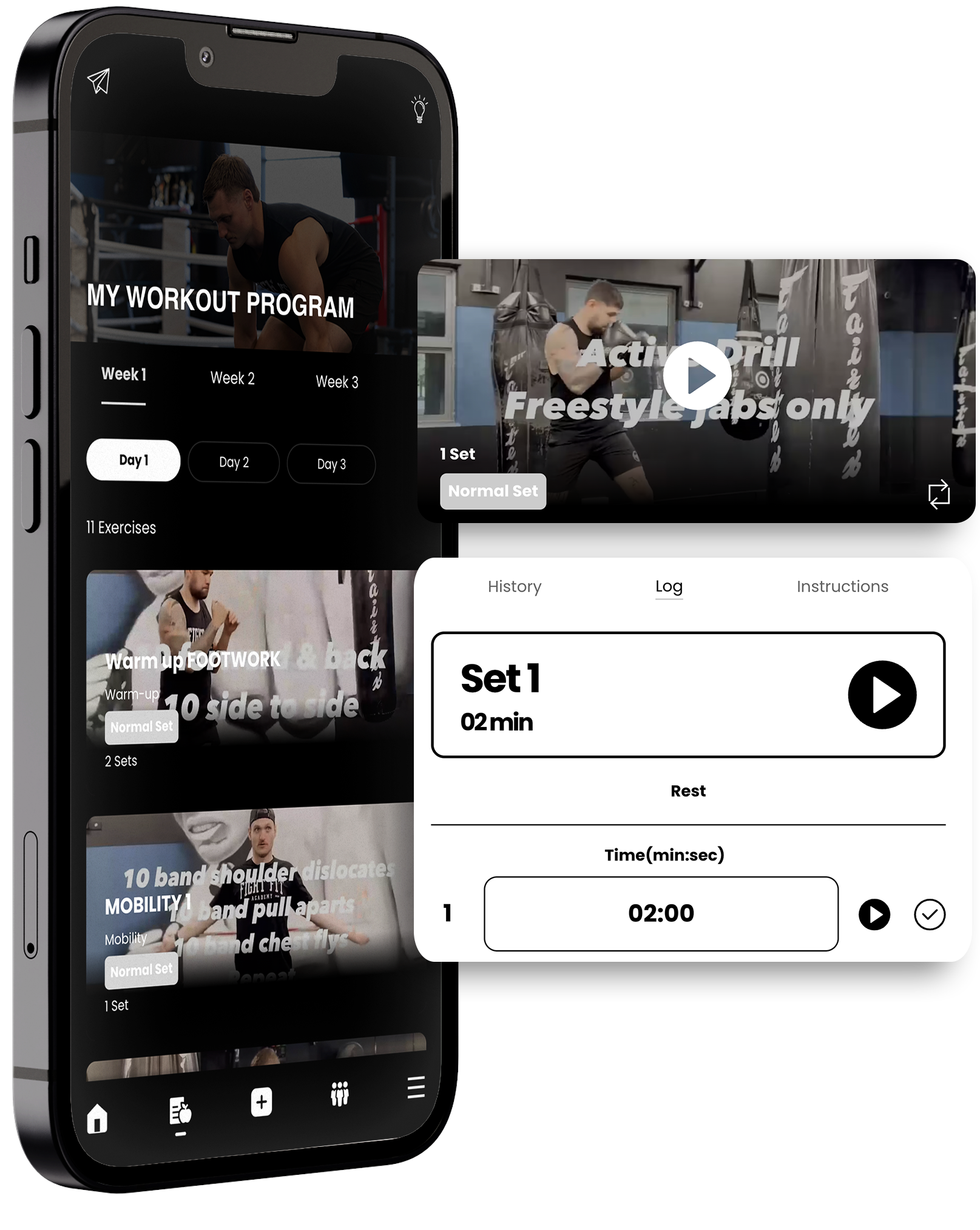 A cell phone with a workout app on it. Fit Fight Academy - Personalised Workout and Nutrition Plans