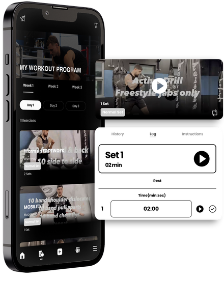 A cell phone with a workout app on it. Fit Fight Academy - Personalised Workout and Nutrition Plans