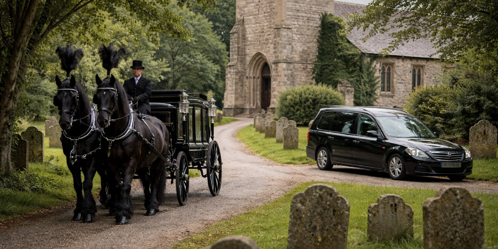 Horse-drawn hearse and modern motor hearse outside a stone church in Somerset churchyard