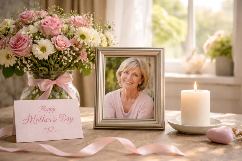 Mother’s Day remembrance with flowers, candle and framed photo in a peaceful home setting