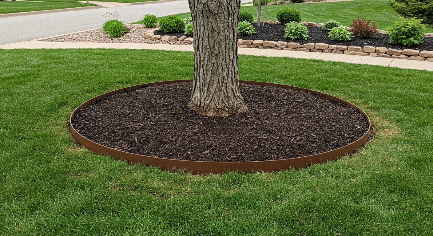 A tree trunk in a mulched circle, edged by a brown metal ring, sits in green grass.