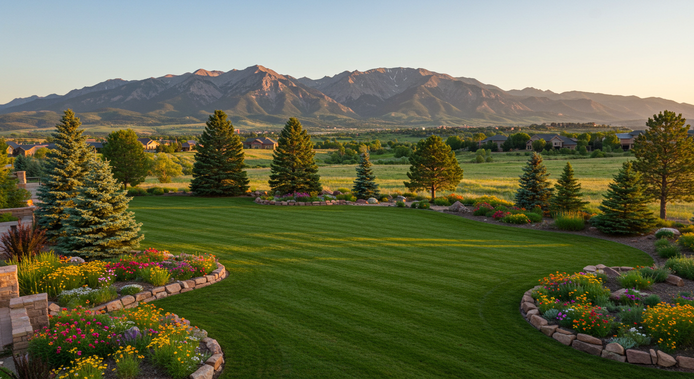 Lush green lawn with flowerbeds, trees, and mountains in the background, bathed in warm sunlight.