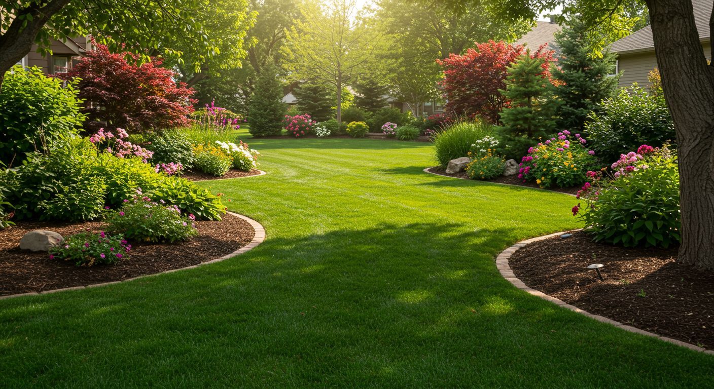 Lush green lawn with colorful landscaped beds, trees, and sunlight in a residential yard.