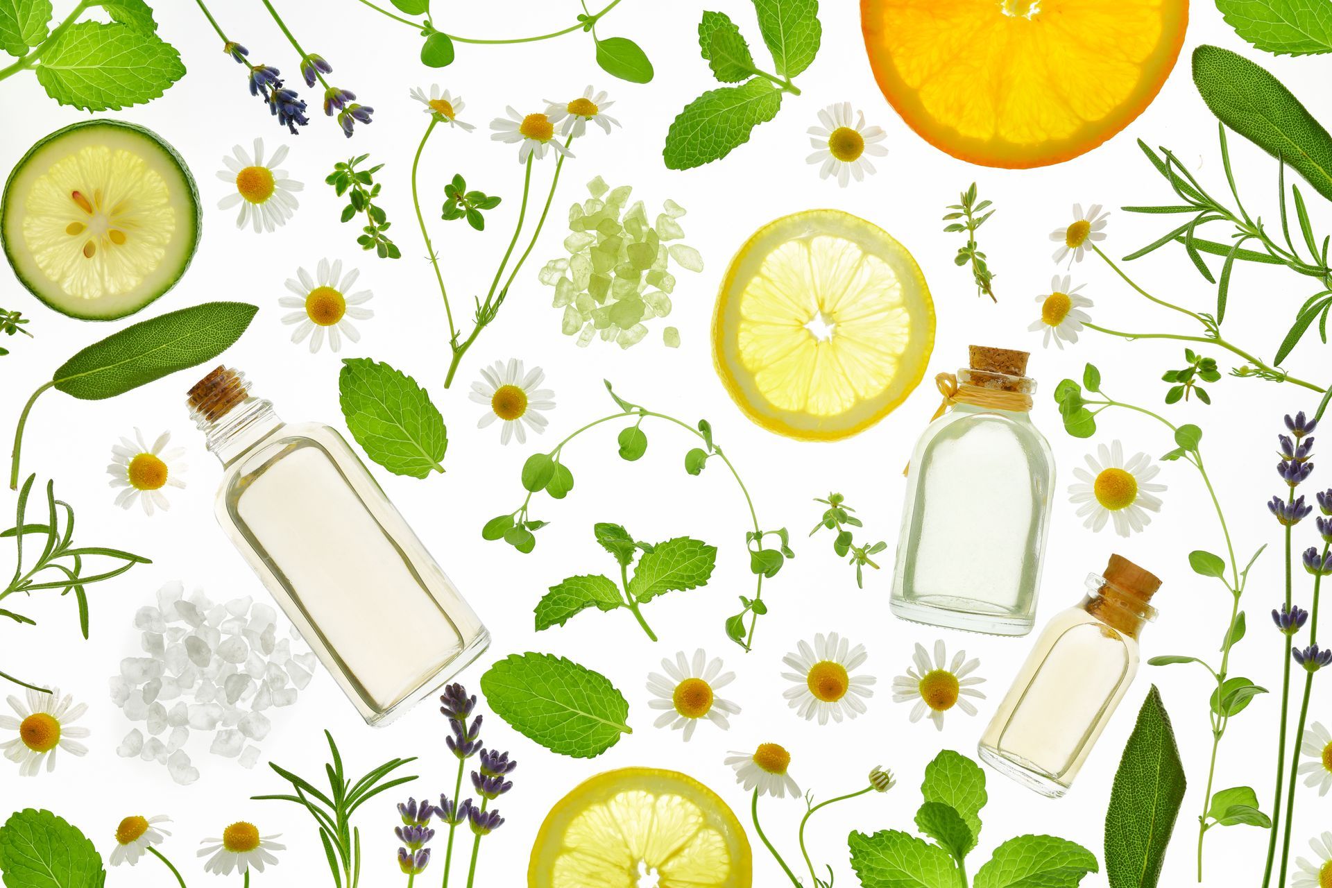 Green herbs and citrus slices with small glass bottles on a white background, like natural skincare ingredients