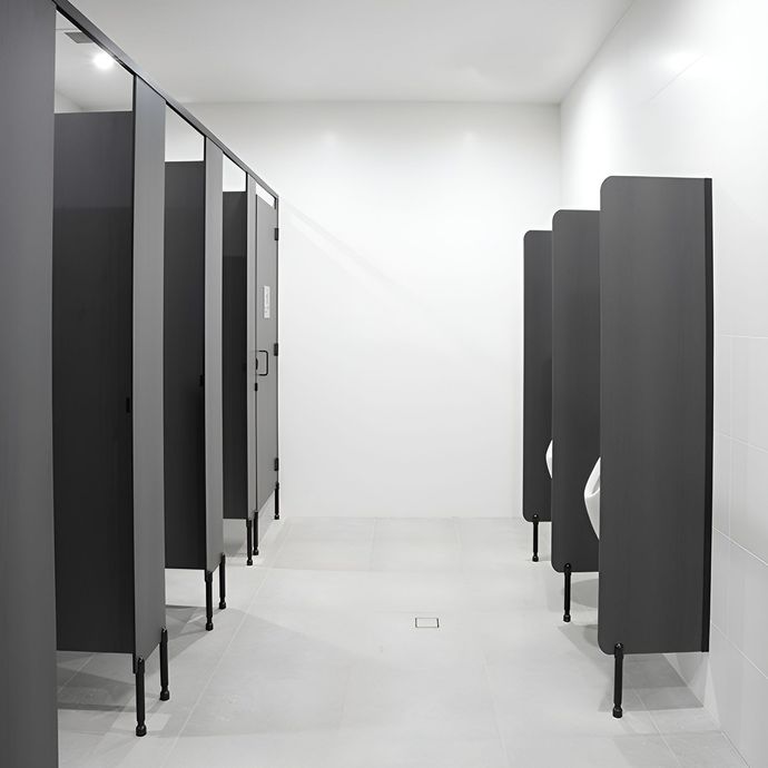 Black toilet and urinal partitions in a public bathroom — The Right Toilet Co In Unanderra, NSW