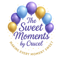 gold, purple and blue balloons in an arch with business name