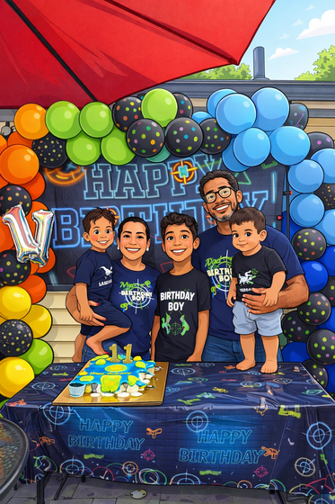 Family celebrating a birthday outside; balloons, cake, and smiling faces.