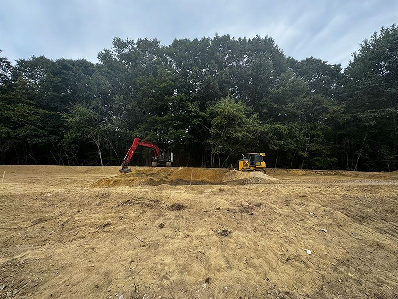 Two excavators in a cleared, earthen area; trees in the background under an overcast sky.