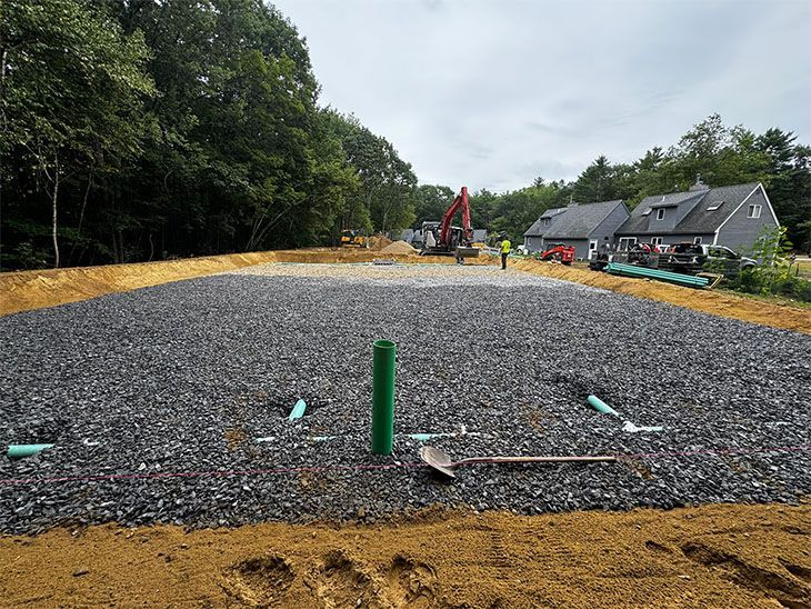 Construction site with gravel-filled excavation. Green pipes and a shovel visible. Buildings and trees in the background.
