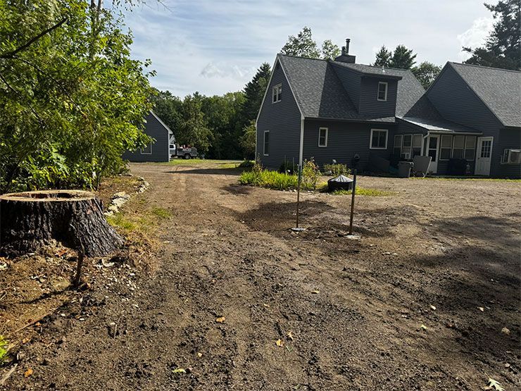 Dirt driveway with a tree stump, leading towards two-story gray houses with a shed in the background.