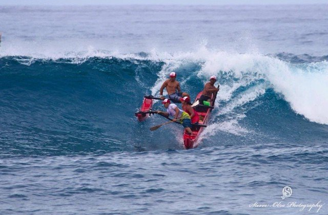 A group of people are riding a wave in the ocean.