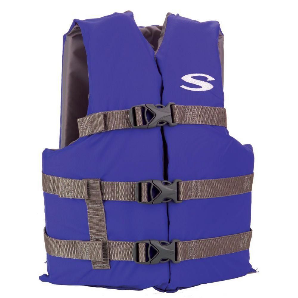 A blue life vest with the letter s on it