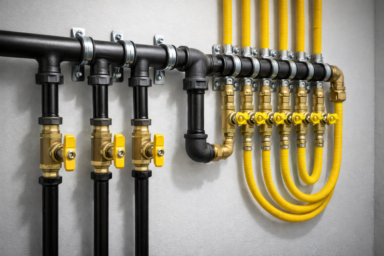 Black and yellow gas pipes and valves installed on a gray wall.