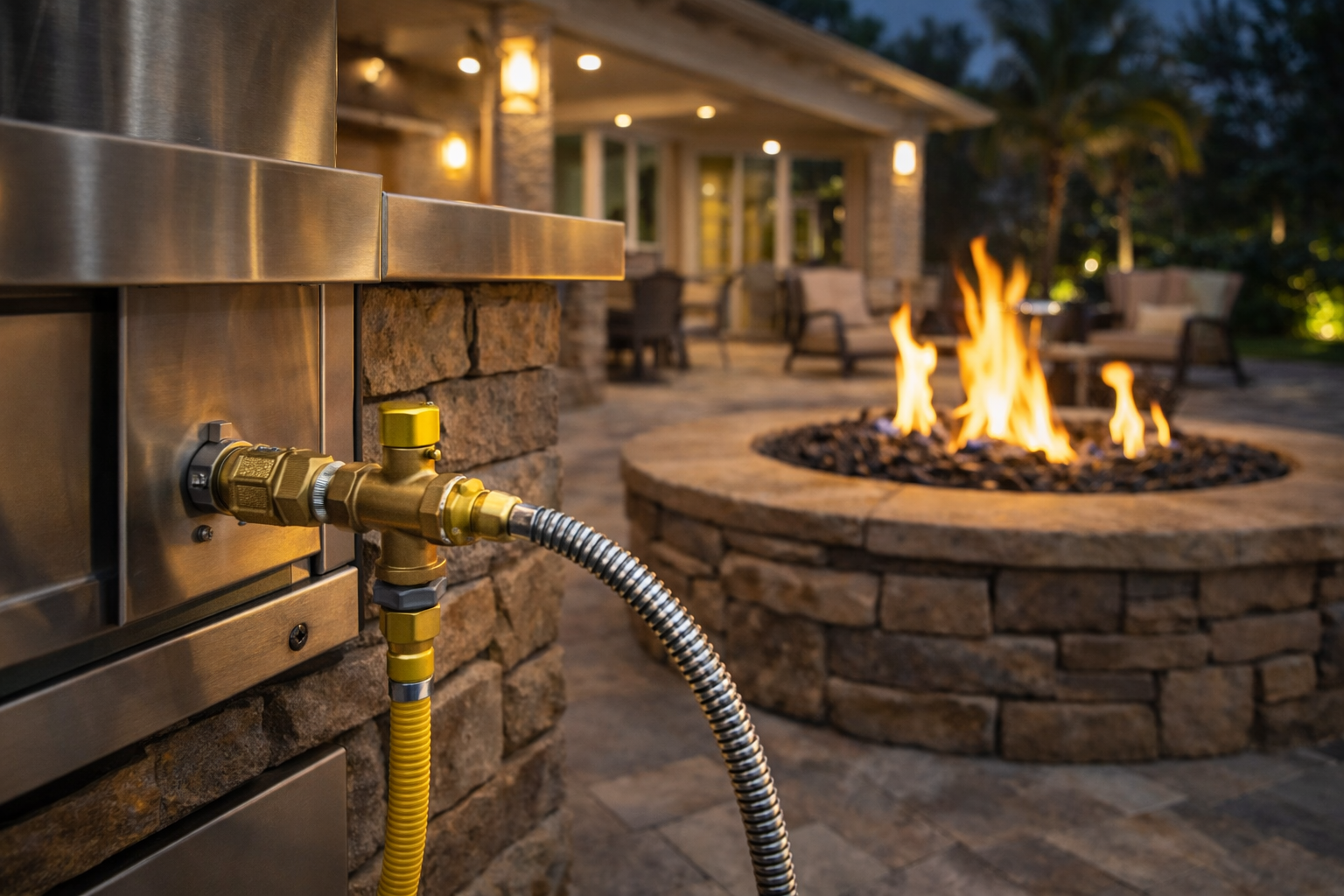 Gas hookup for an outdoor kitchen next to a stone-lined fire pit, with warm lighting at dusk.
