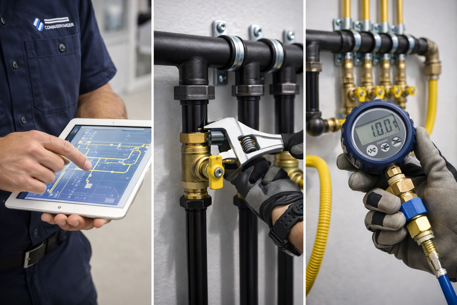 Technician using tablet, wrench, and pressure gauge on industrial pipes.