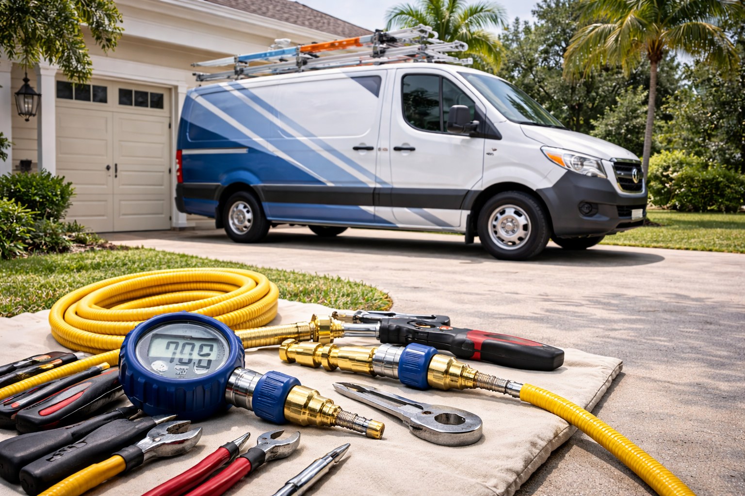White service van parked in a driveway, tools in front.