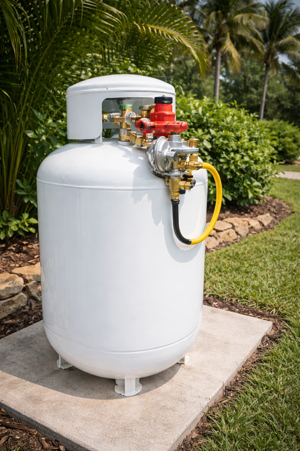 White propane tank with regulator, in a yard with greenery.