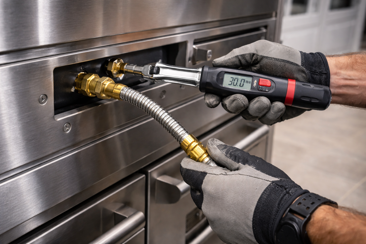 Hands in work gloves use a digital torque wrench on a gas line inside a stainless steel appliance.