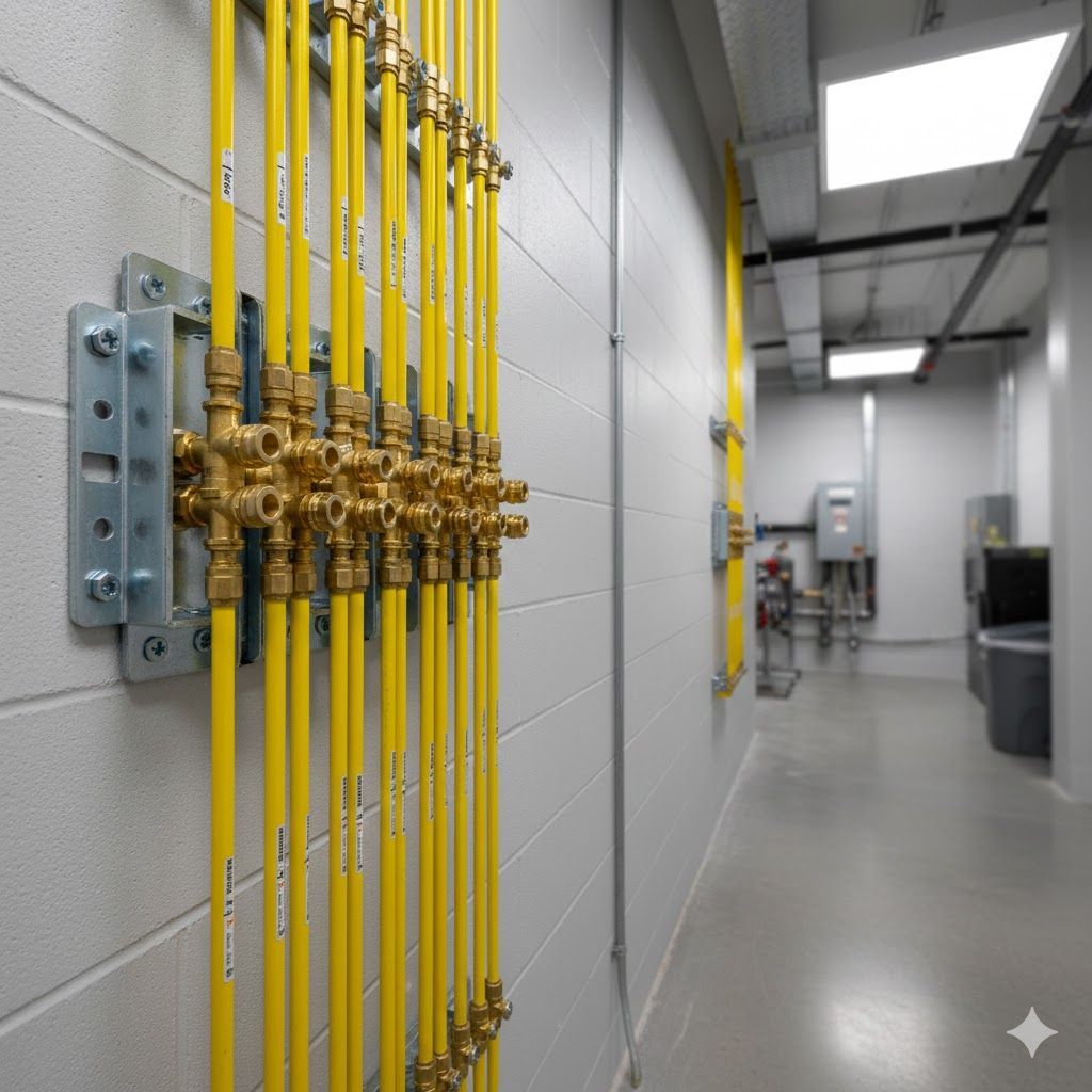 Yellow gas pipes and brass fittings against a gray cinder block wall. The hallway extends into the distance.