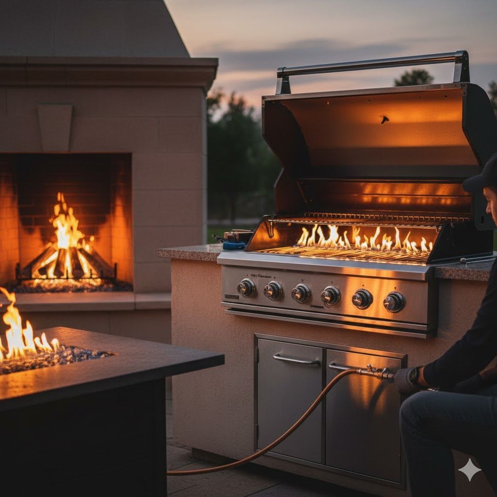 Outdoor scene with a lit fireplace, grill, and fire pit at dusk. Person adjusting gas line.