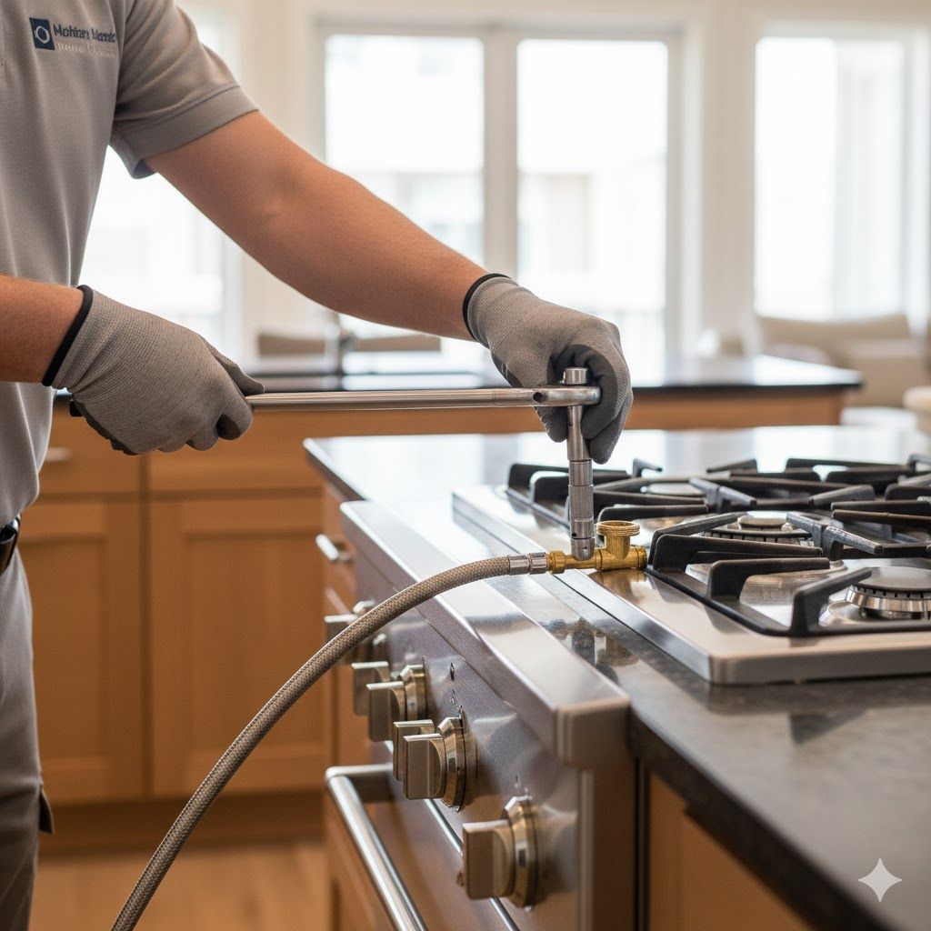 Person wearing gloves tightens gas line on a stovetop with a wrench in a kitchen.