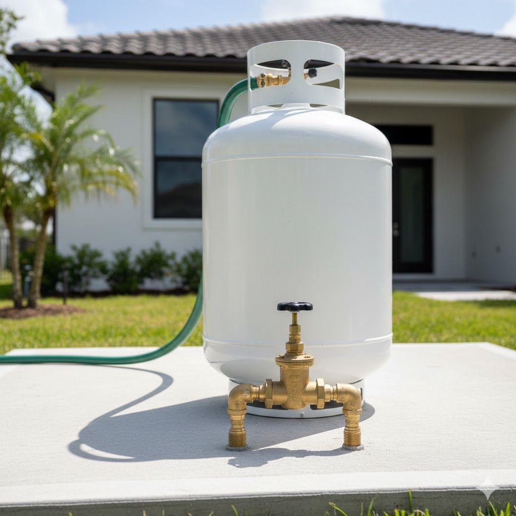 White propane tank with brass valve and green hose in a backyard.